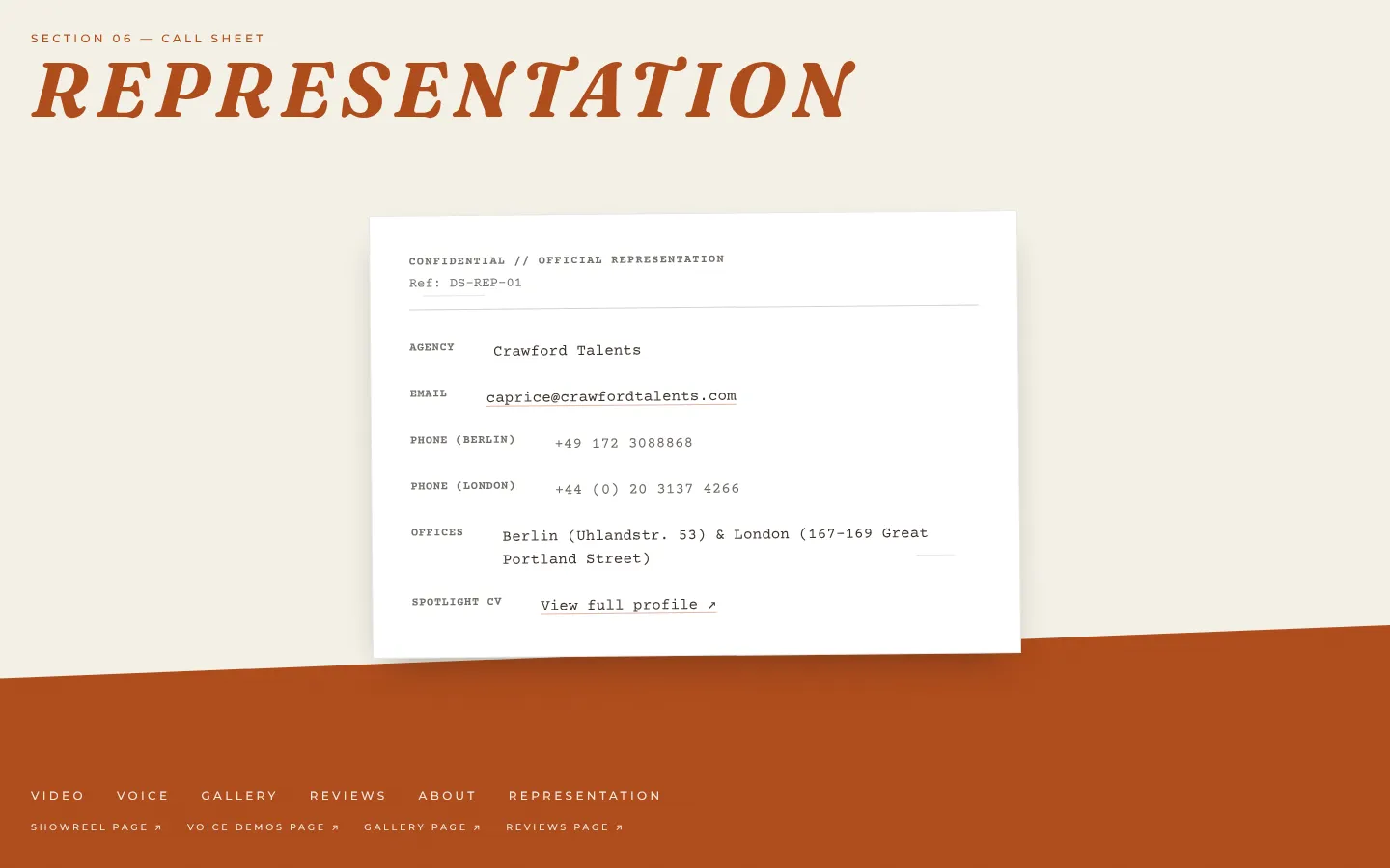 Representation: the call sheet with Crawford Talents' details