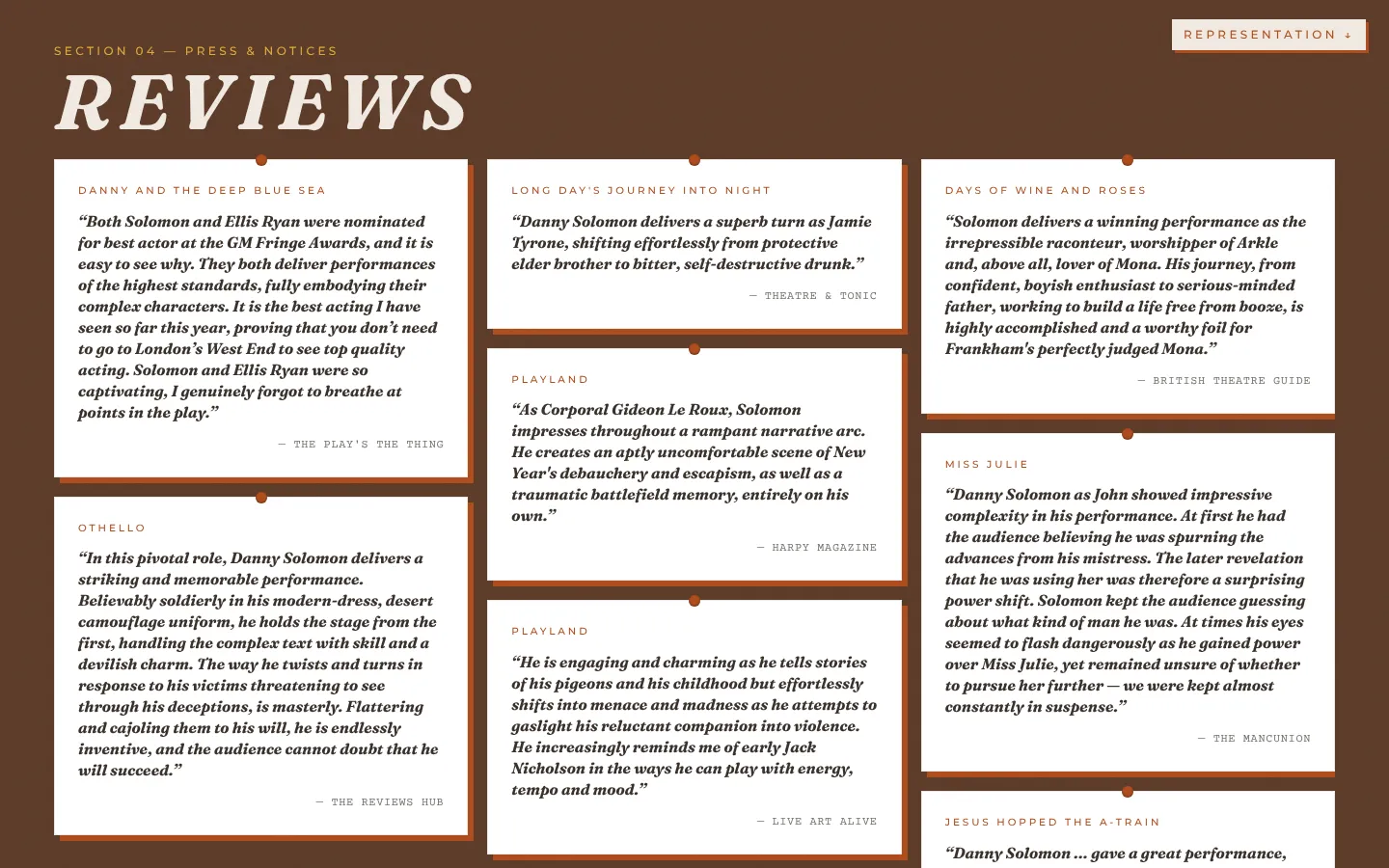 Reviews: press quotes pinned to a brown notice board