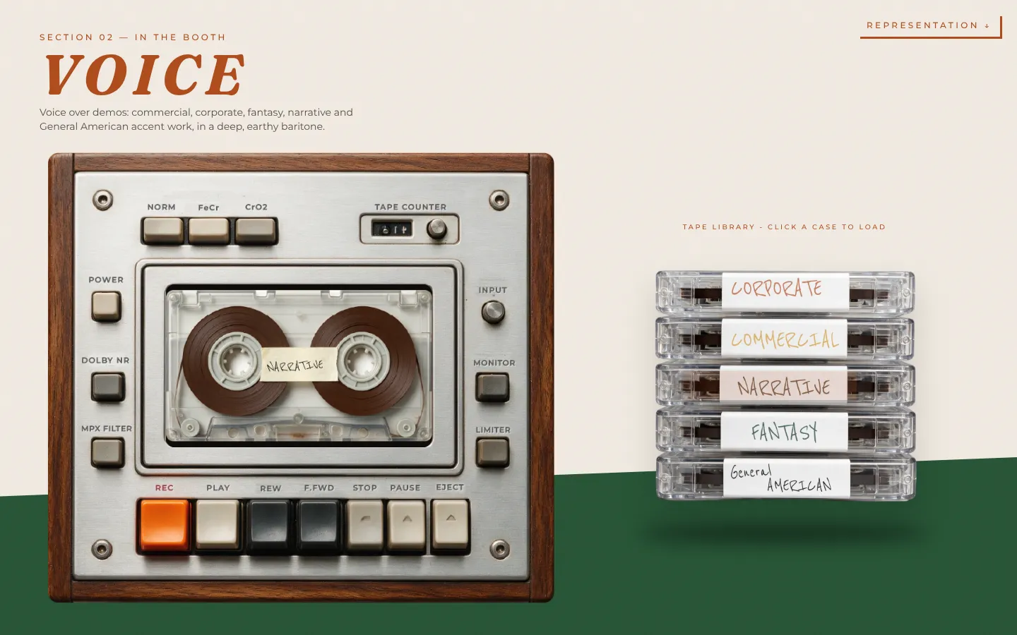 Voice: the cassette deck with the Narrative tape loaded and the tape library beside it