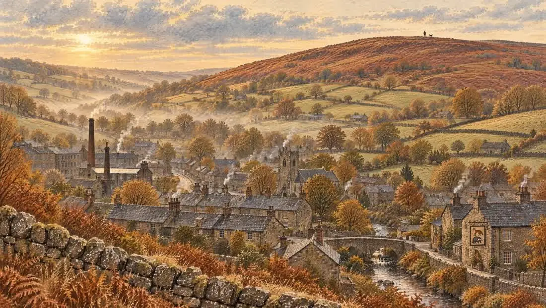 Aerial view over a gritstone mill village in autumn, flying up the walled fields towards the moor