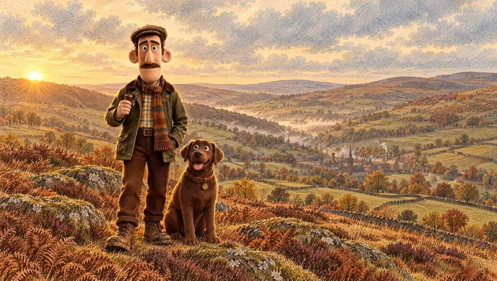 Rufus and Charlie on the hilltop in autumn, the valley behind them