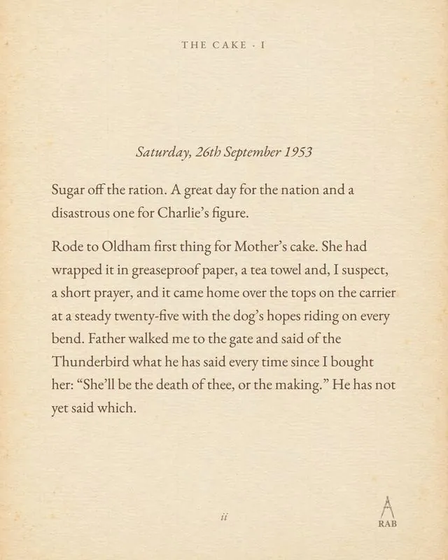 Card: the journal text of The Cake