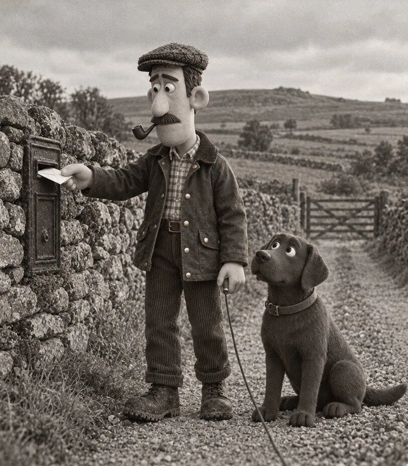 Rufus posting a letter at the wall box, Charlie beside him