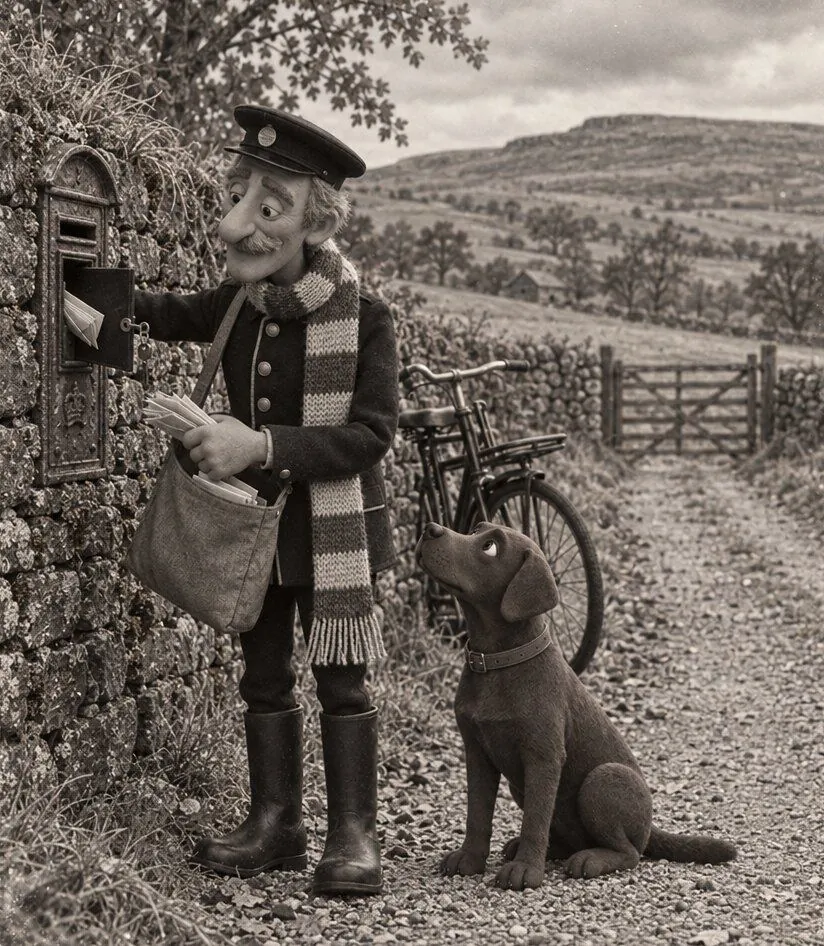 Wilf the postman at the wall box with his bicycle