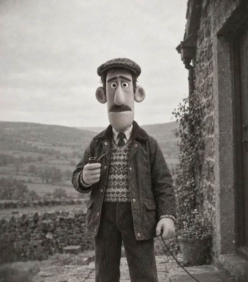 Rufus, clay figure in a flat cap outside his cottage