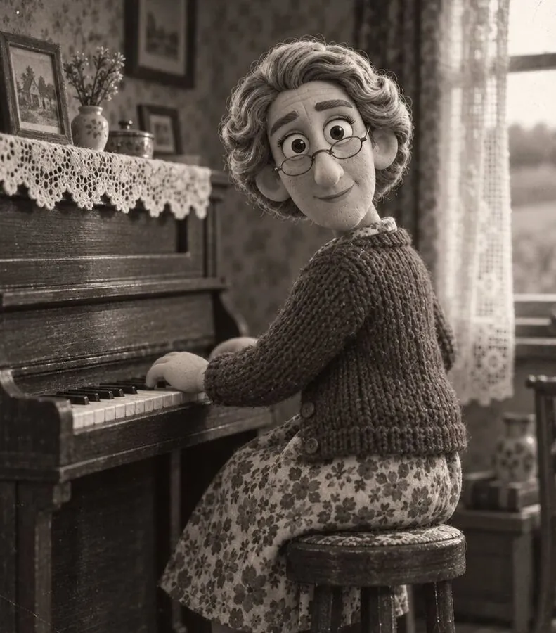 Clara, Rufus's mother, at the parlour piano