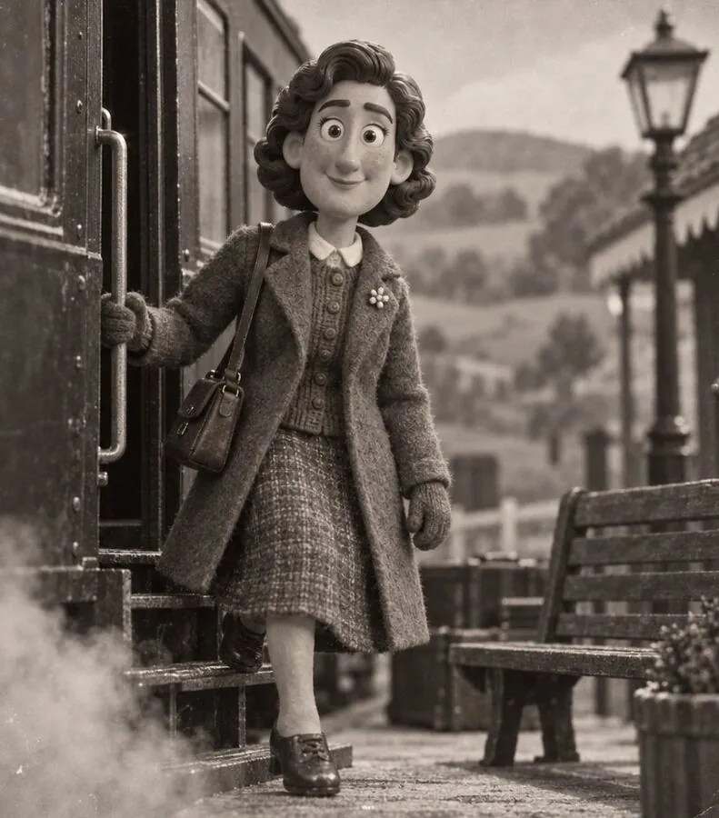 Florrie, Rufus's sister, at a railway station