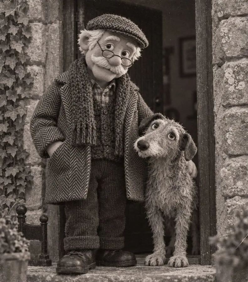 Uncle Ned in a doorway with Nell, his grey lurcher