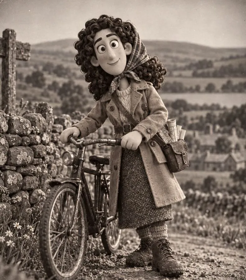Penny with her bicycle by a dry-stone wall