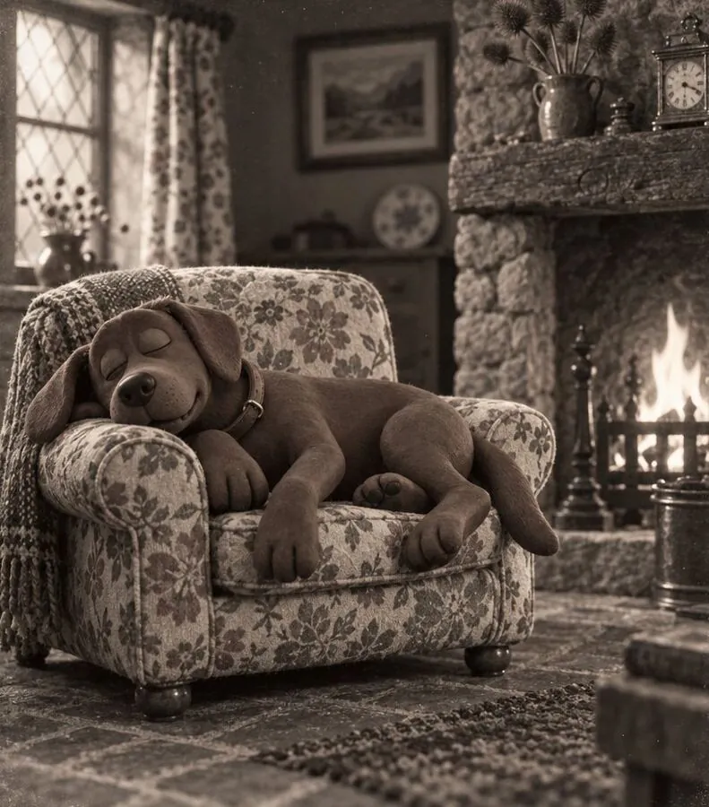 Charlie, a chocolate Labrador, asleep in an armchair by the fire