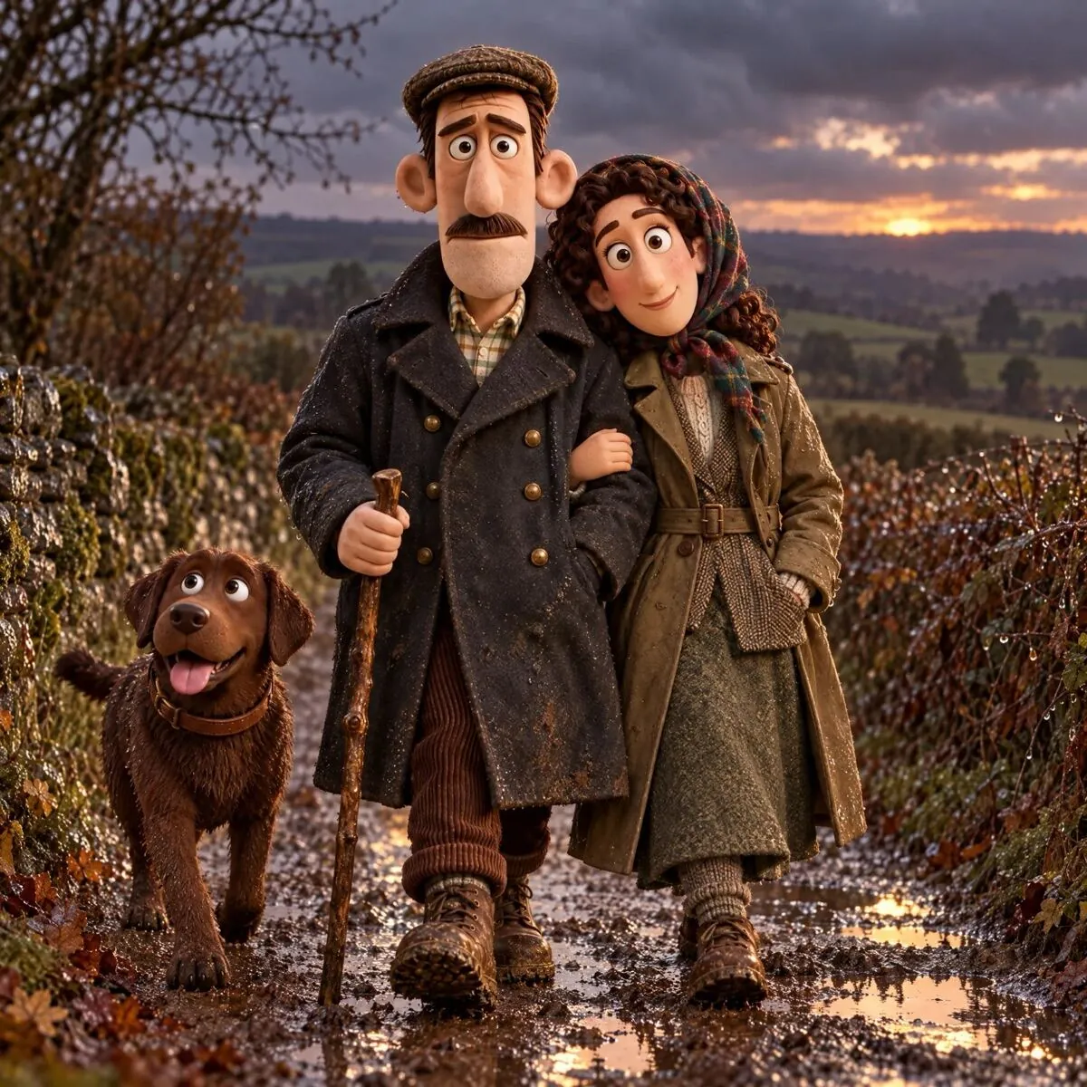 Rufus, Penny and Charlie walking home along a lane at dusk
