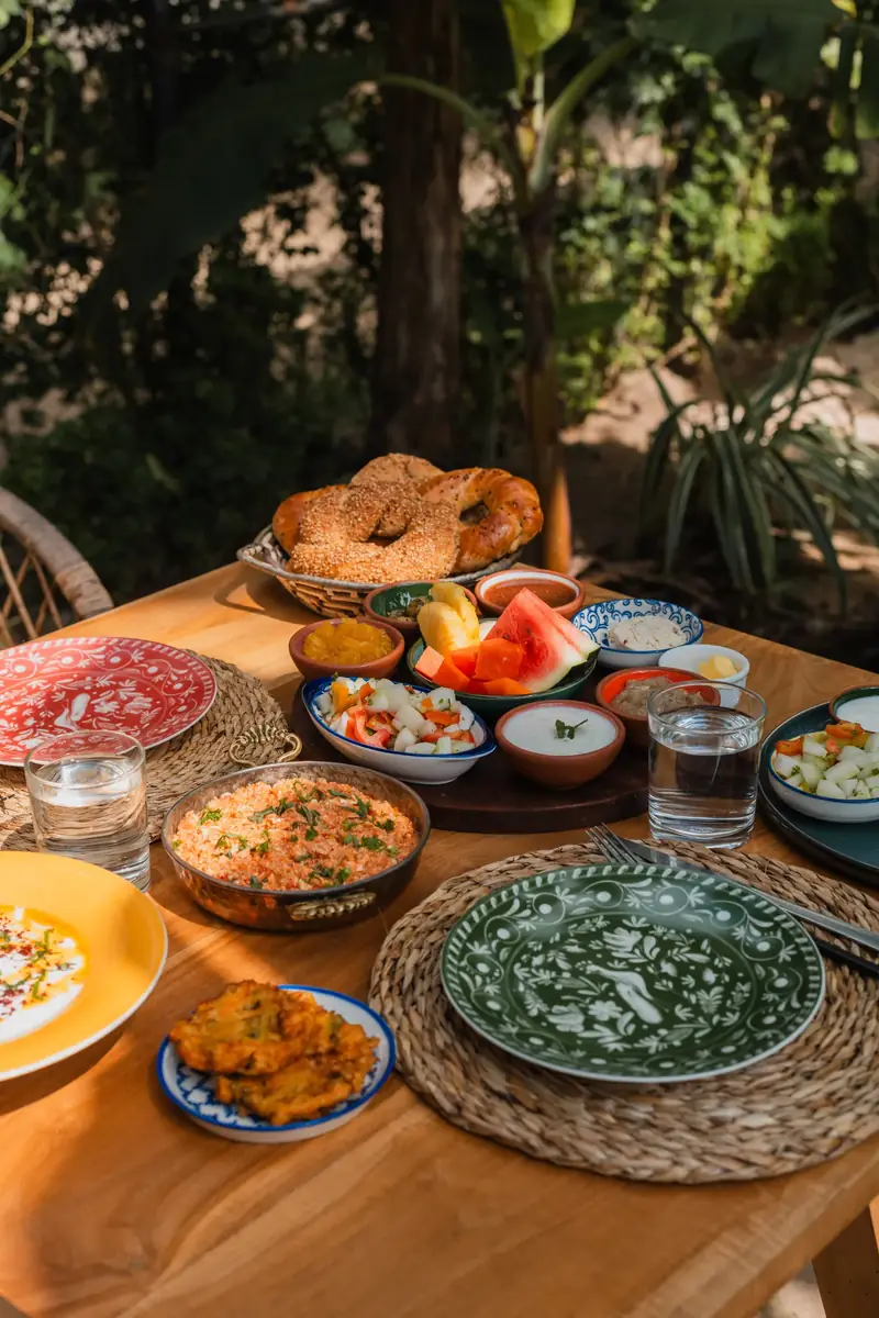The Turkish breakfast on a teak table — simit in a basket, menemen, cacık, muhammara, watermelon and papaya on patterned plates.