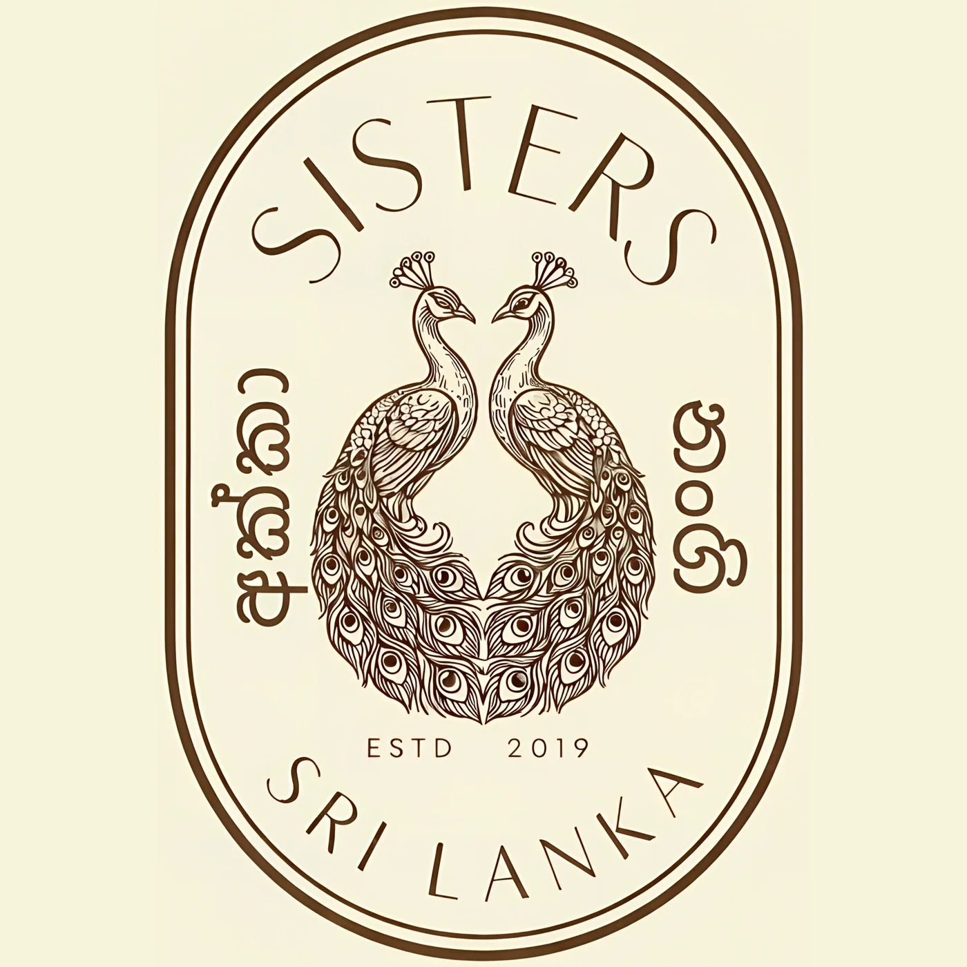 The new crest — two peacocks facing each other in an arched cartouche, SISTERS above, SRI LANKA and ESTD 2019 below.