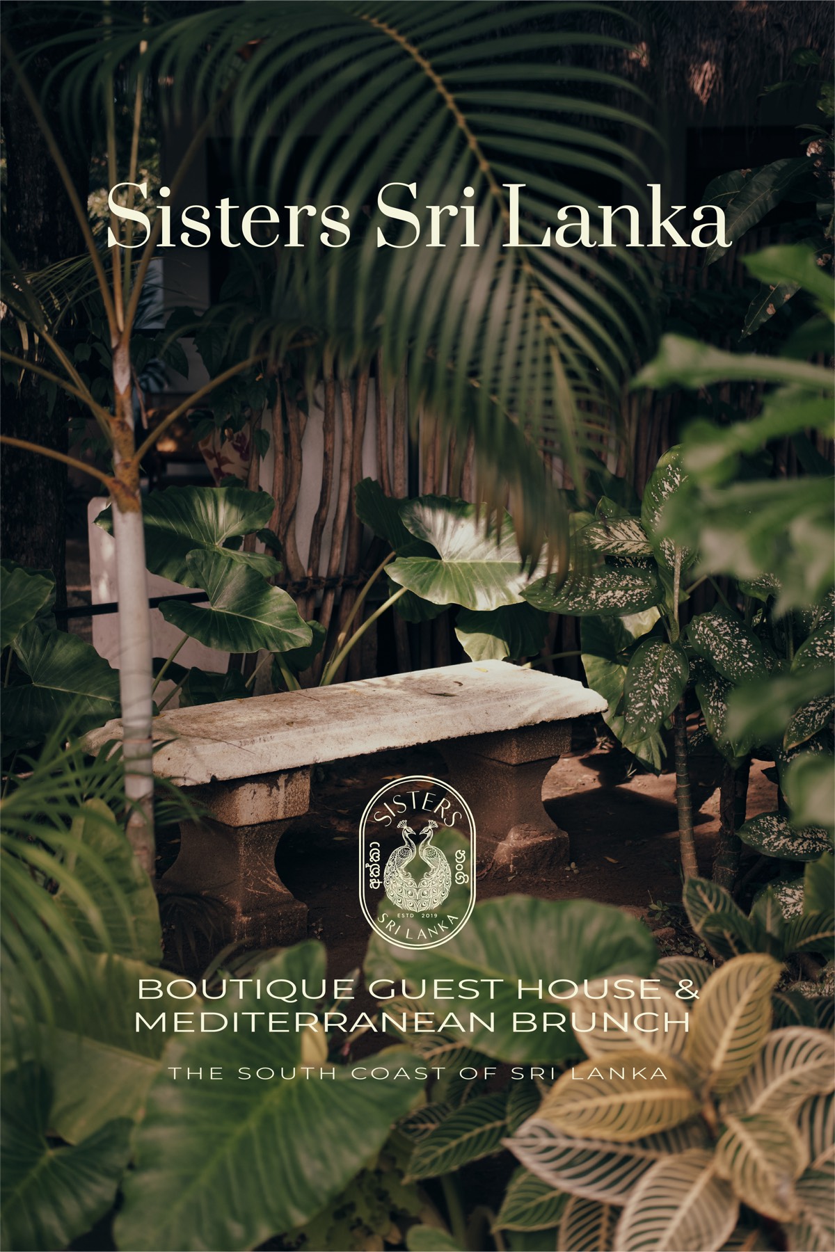 A Sisters Sri Lanka cover — the wordmark over a garden and a stone bench, the crest at centre, 'Boutique guest house & Mediterranean brunch, the south coast of Sri Lanka'.