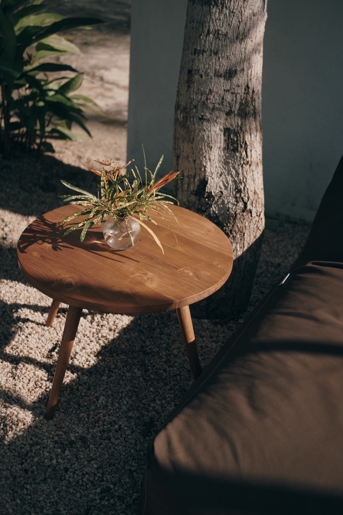 A teak side table in the garden — a clear vase of croton stems, low evening sun, a lounger just in frame.