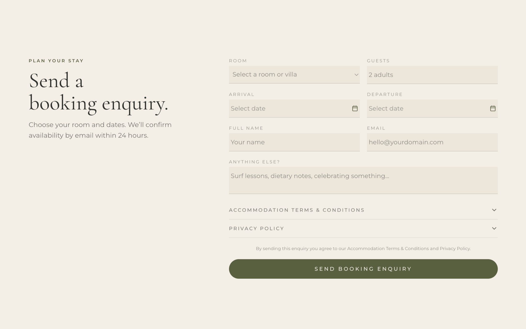 The booking enquiry screen on the Sisters site — room, guests, dates and name fields on a cream ground, a single Send button.