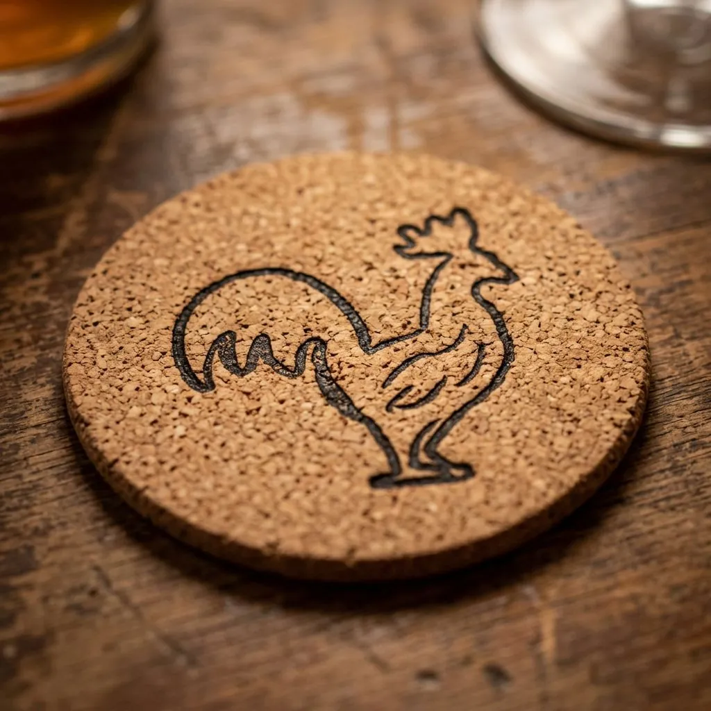 The rooster stamped into a cork coaster