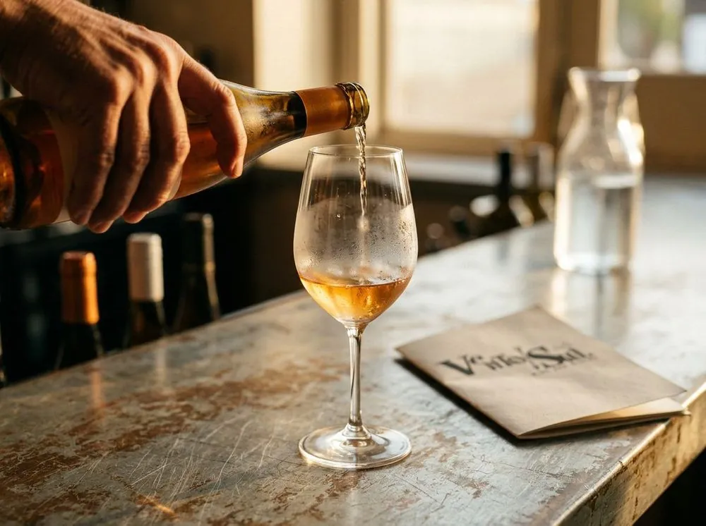 A glass poured beside the printed wine list
