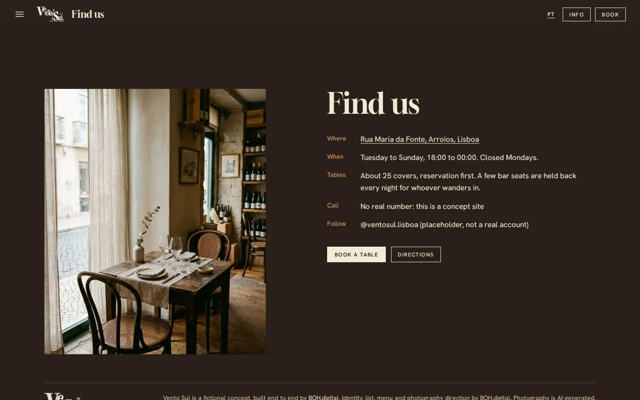 Find us: dark ink, address, hours and walk-in policy