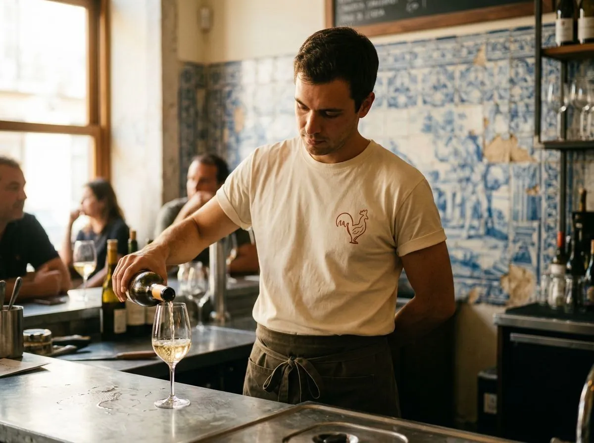A server in the rooster tee pouring at the bar