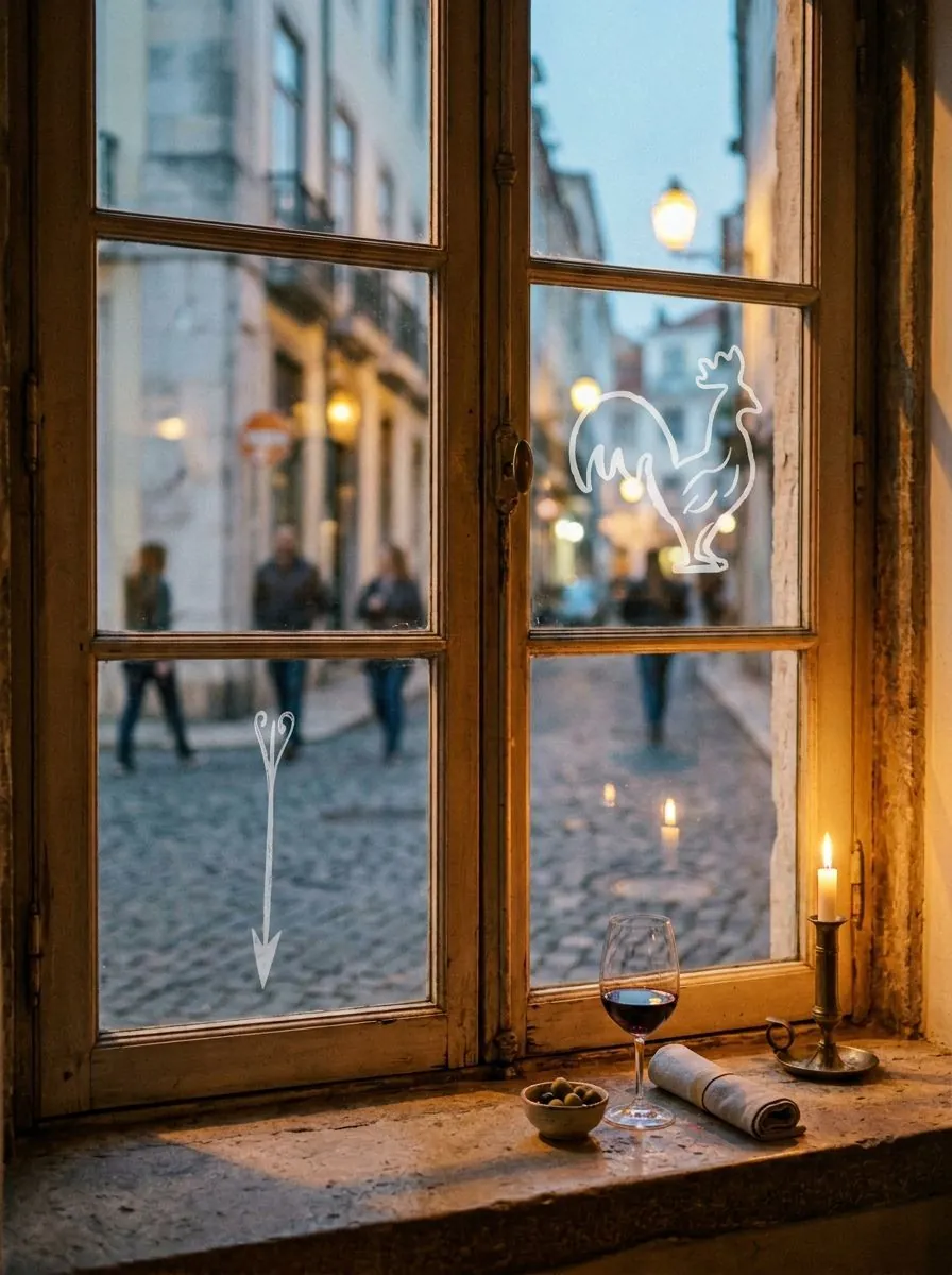 The marks etched into the front window at dusk